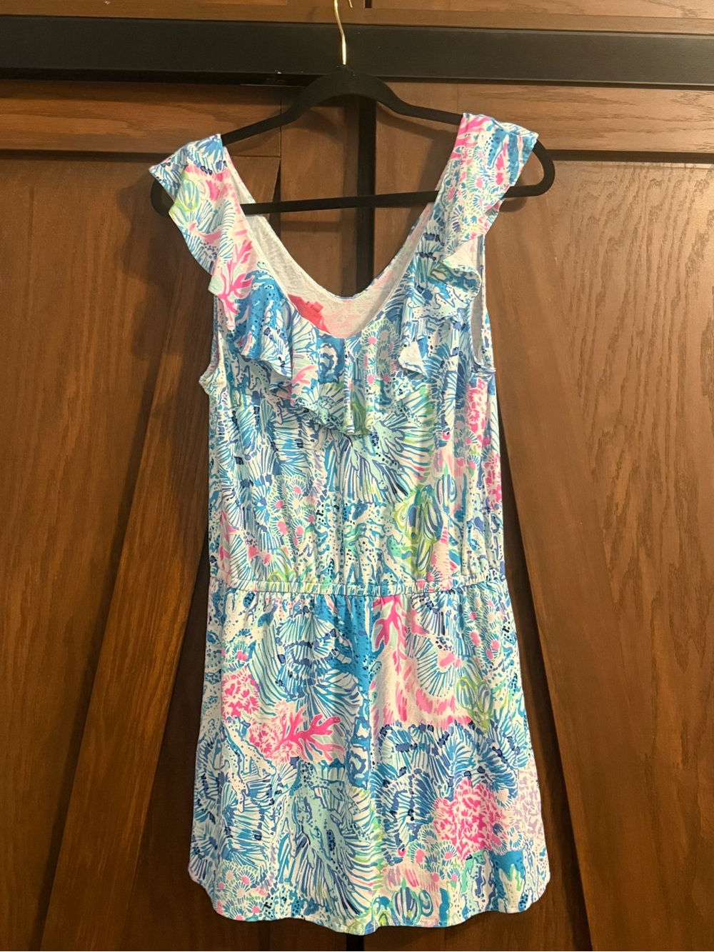 Lilly Pulitzer Alessa Romper Sink or Swim Print Sz M Blue Pink Ruffle EUC - Picture 3 of 5